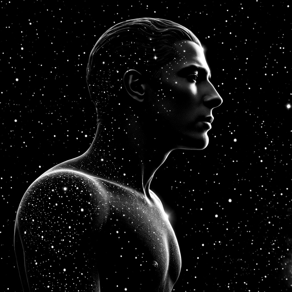 Silhouetted Man Profile Against Starry Cosmic Background