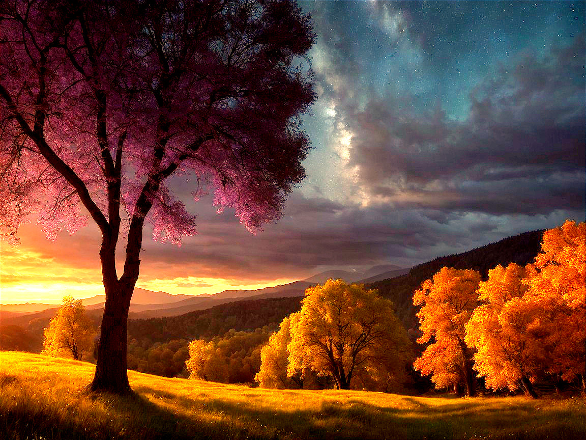 Vibrant Sunset Landscape with Autumn Colors and Stars