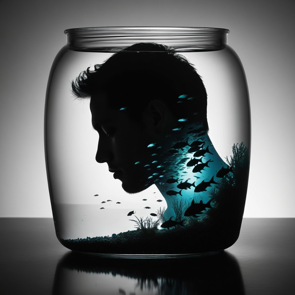 Surreal Silhouette of a Head in a Glass Jar