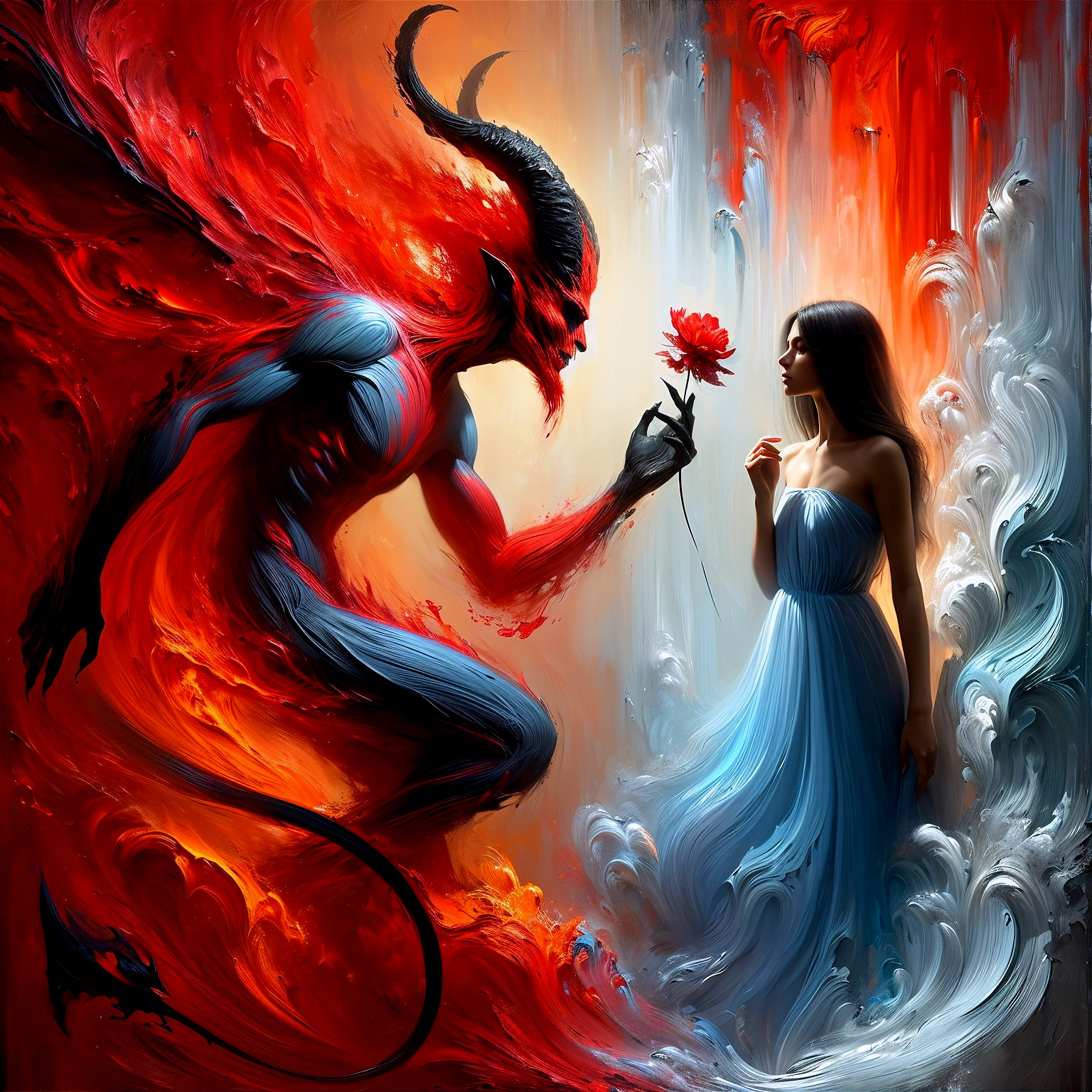 Devilish Figure Offering a Rose to Serene Woman