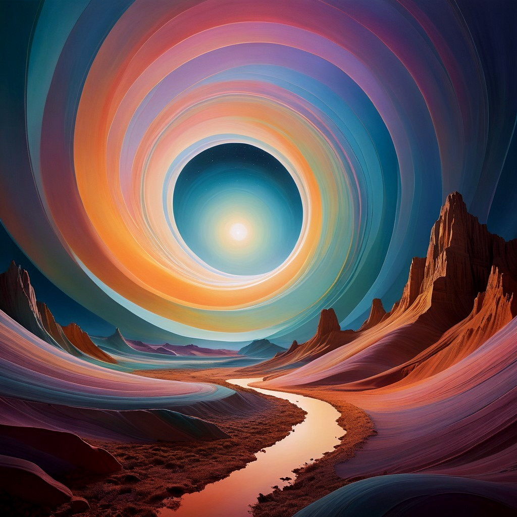 Surreal Landscape with Vibrant Colors and Orb Center
