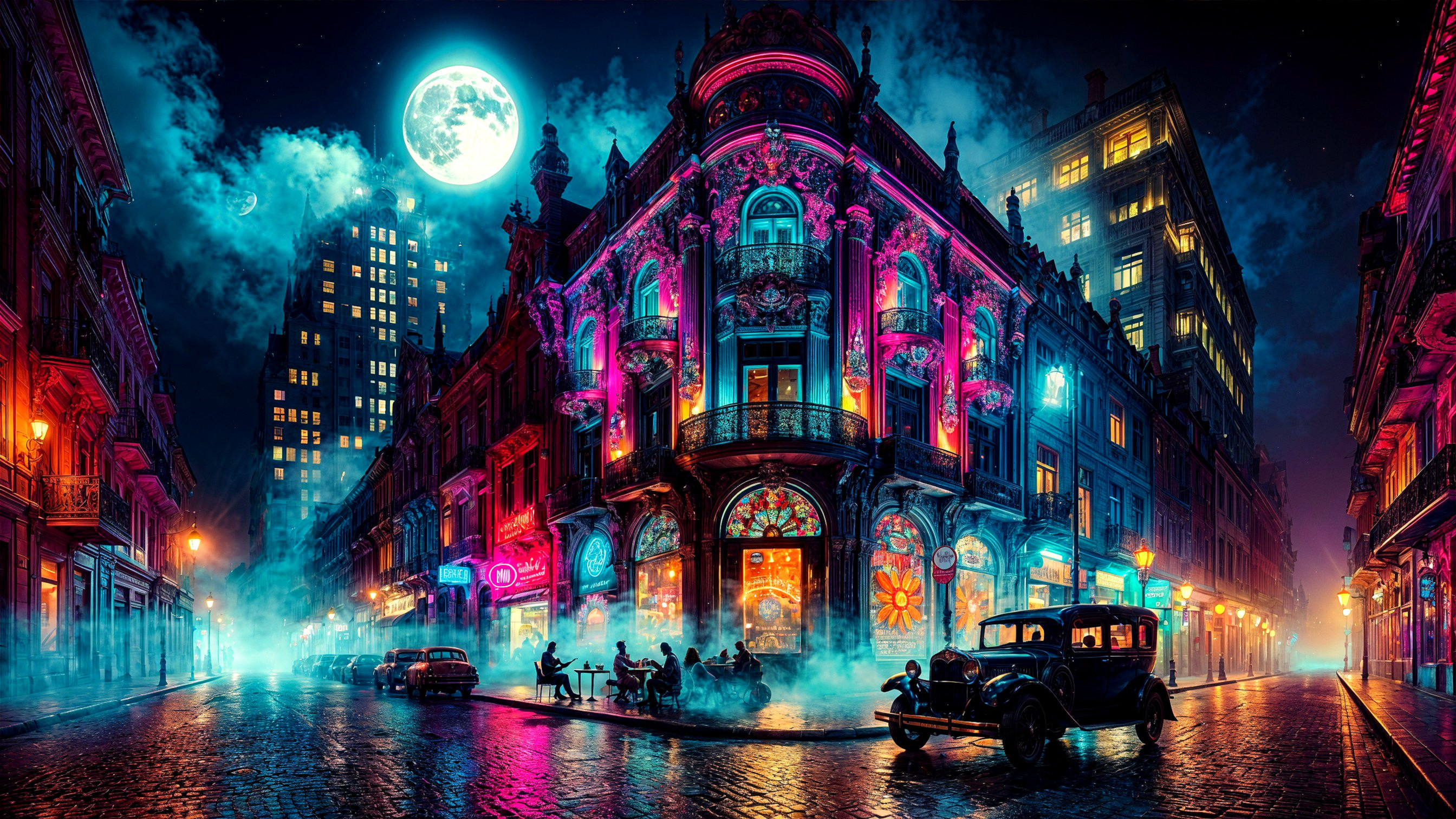 Vibrant Night Street Scene with Neon Lights and Fog