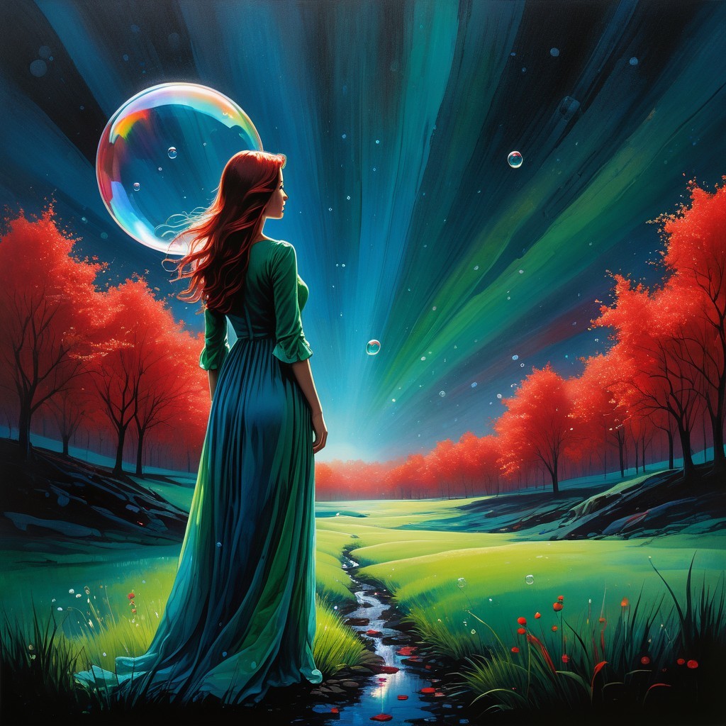 Silhouette of a Woman by a Stream Under Auroras