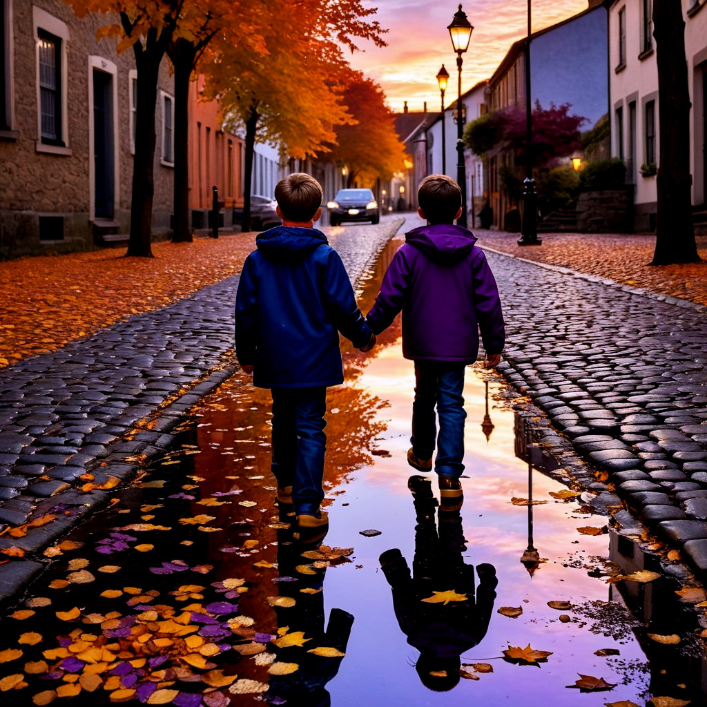 Children Walking on Cobblestone Street in Autumn