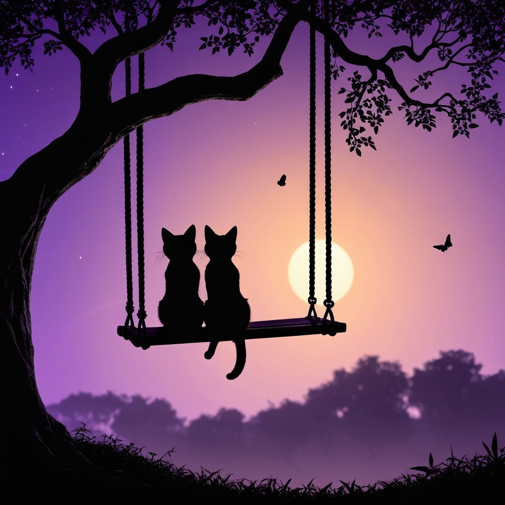 Silhouettes of Cats on a Swing at Sunset