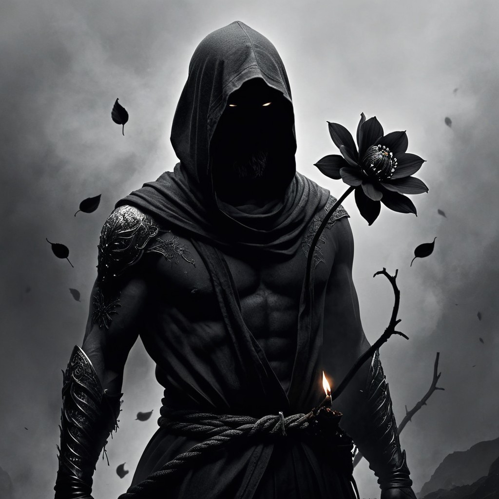 Mysterious Figure in Dark Ethereal Landscape with Lotus