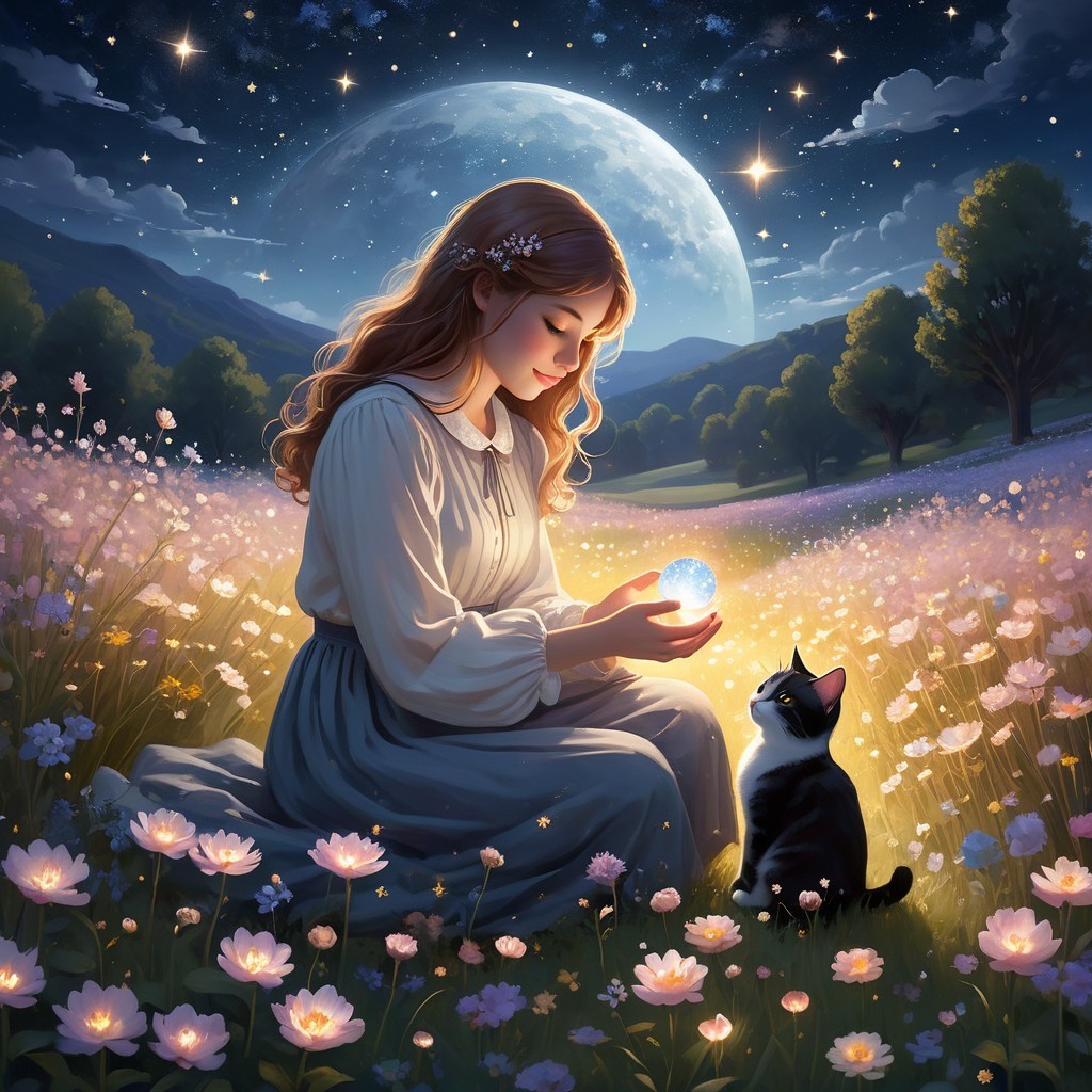 Girl in White Dress with Orb in Starry Landscape