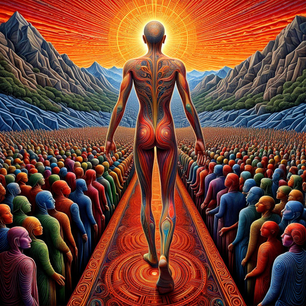 Surreal Landscape with Colorful Figure and Crowd