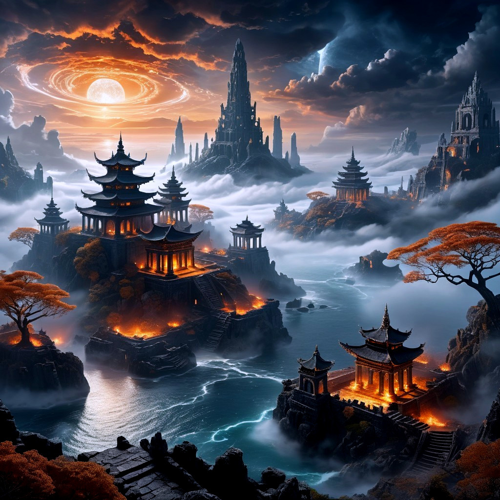 Mystical Landscape with Mountains and Pagodas
