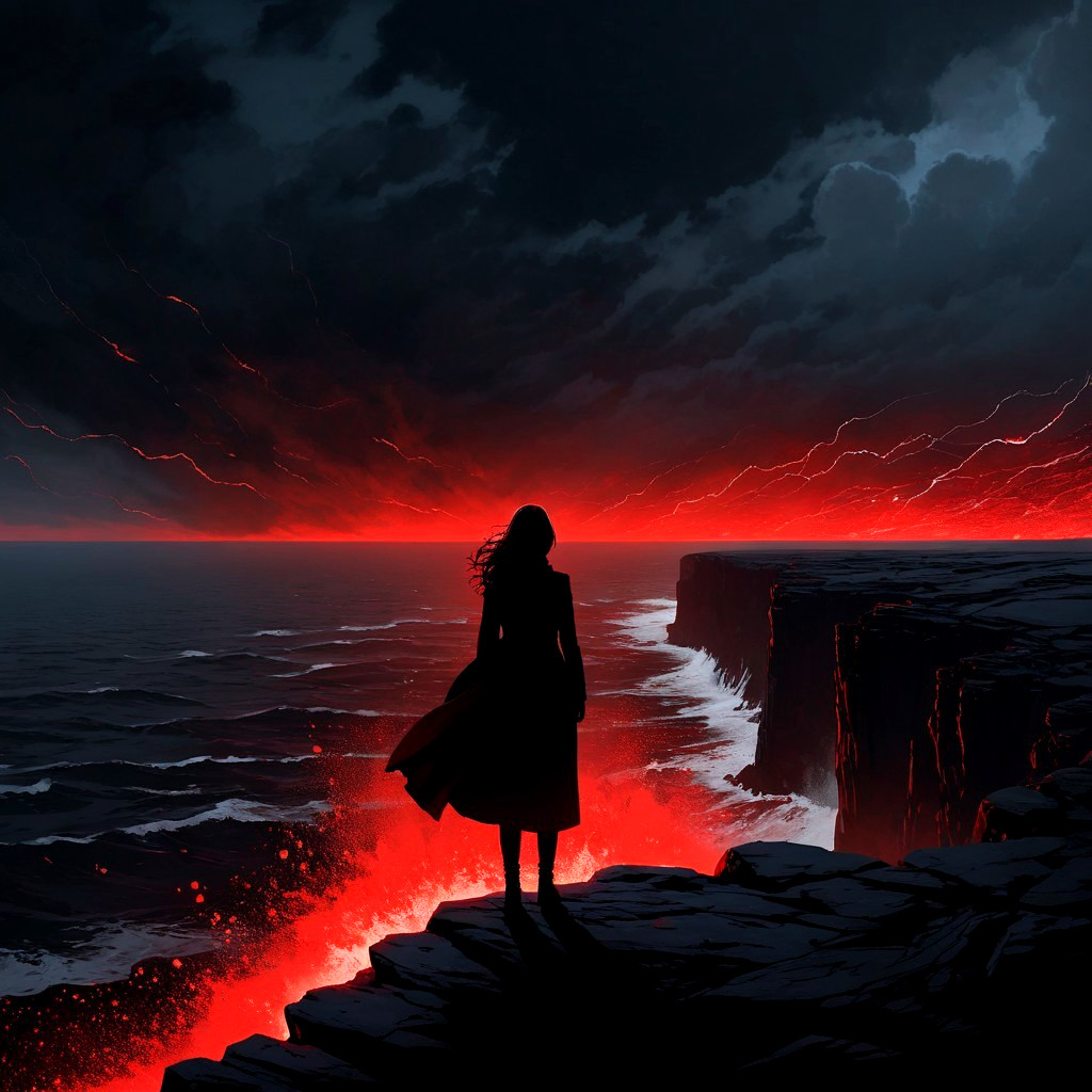 Solitary Figure on Cliff Overlooking Fiery Ocean
