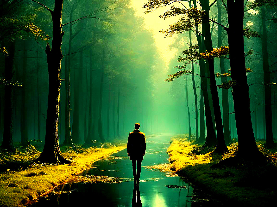 Solitary Figure in a Serene Forest Setting