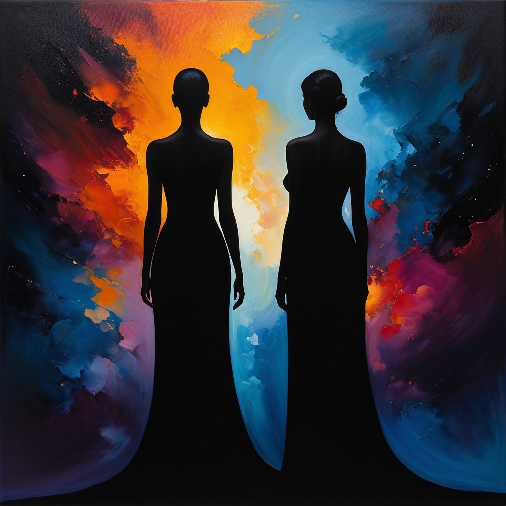 Silhouetted Figures Against Vibrant Abstract Background