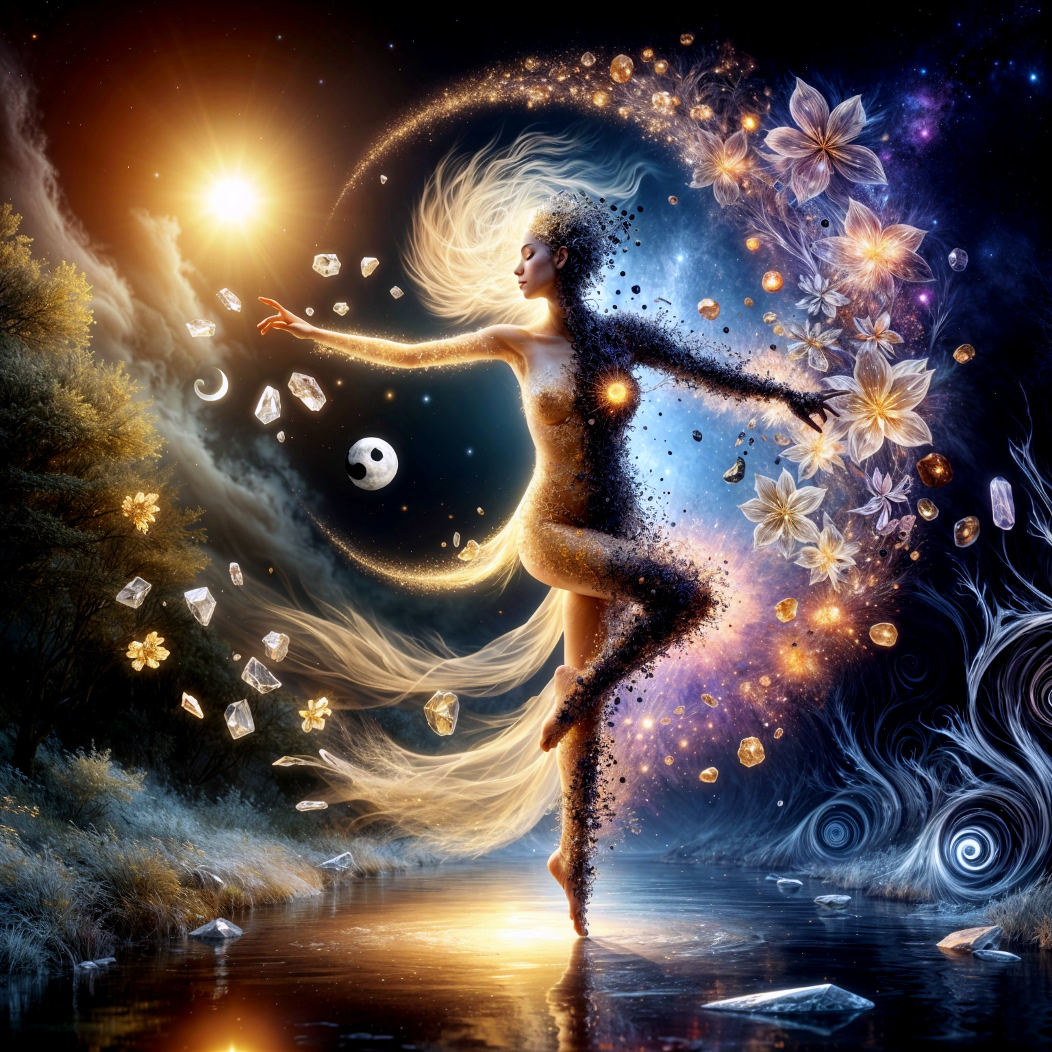 Mystical Figure Dancing Between Light and Shadow