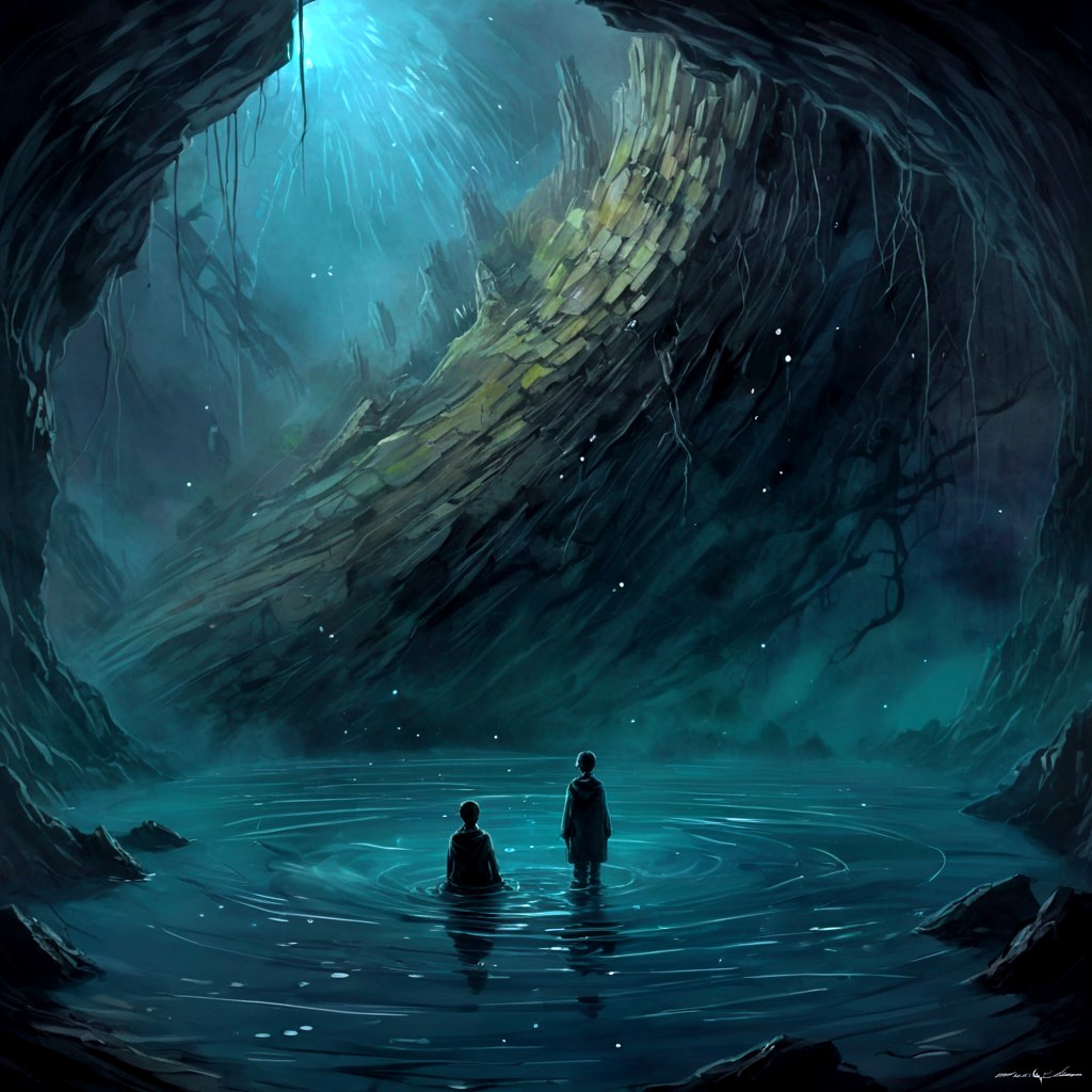 Mystical Cave with Ethereal Light and Shallow Water