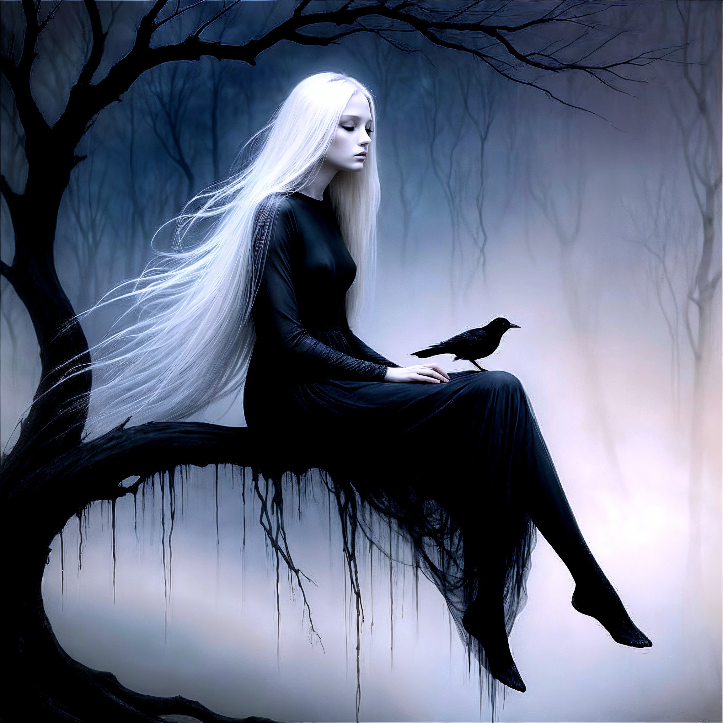 Ghostly Figure on a Tree Branch in Ethereal Landscape