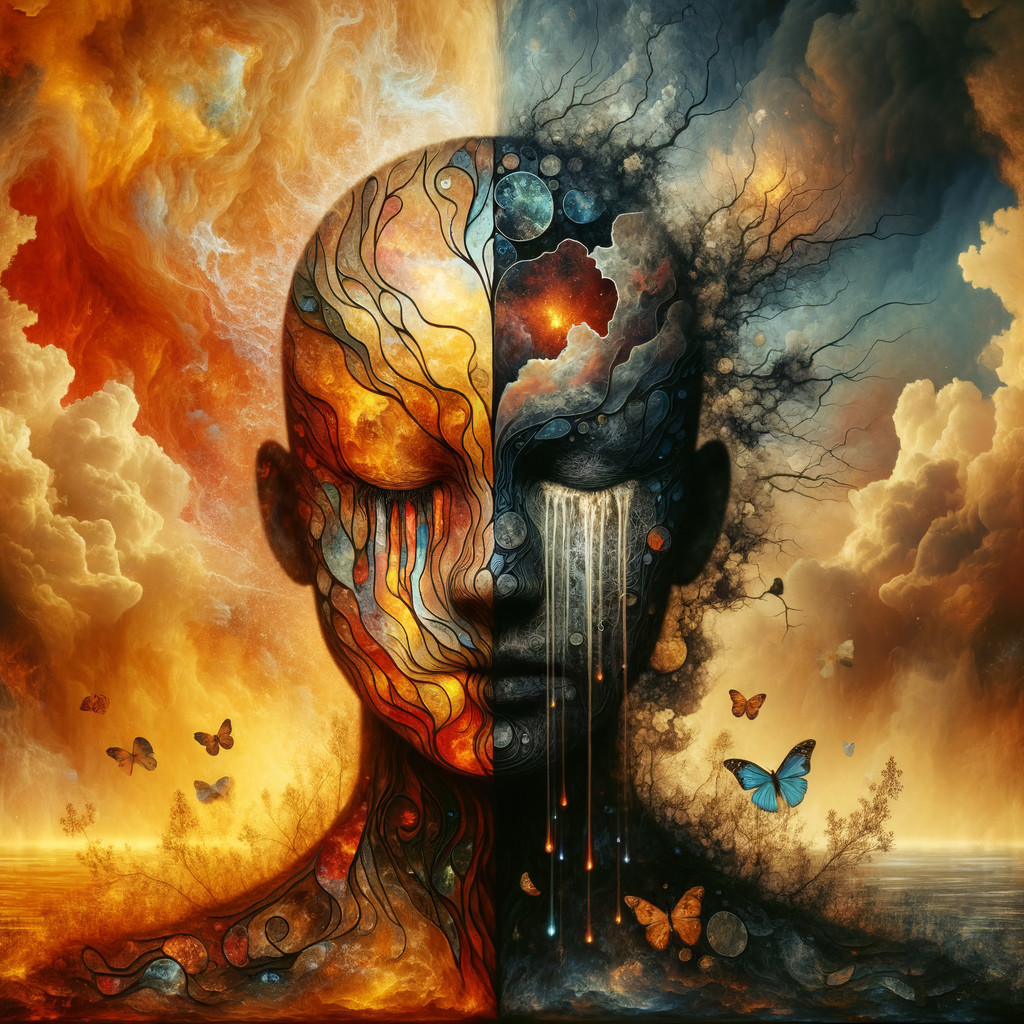 Surreal Human Head Split with Contrasting Colors and Butterflies
