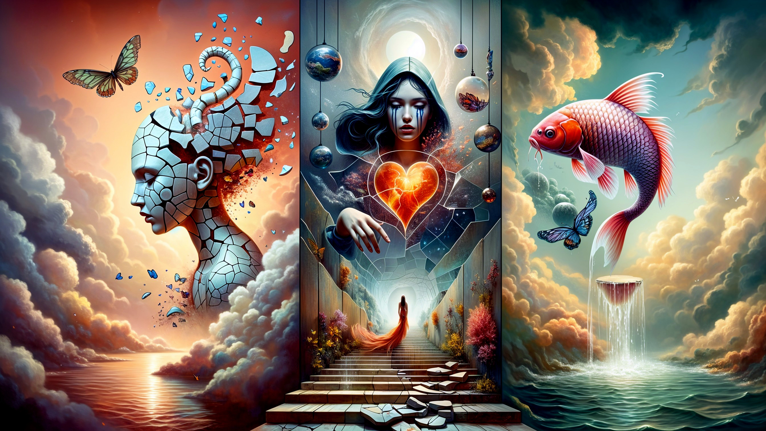 Surreal Triptych with Transformation and Nature Themes