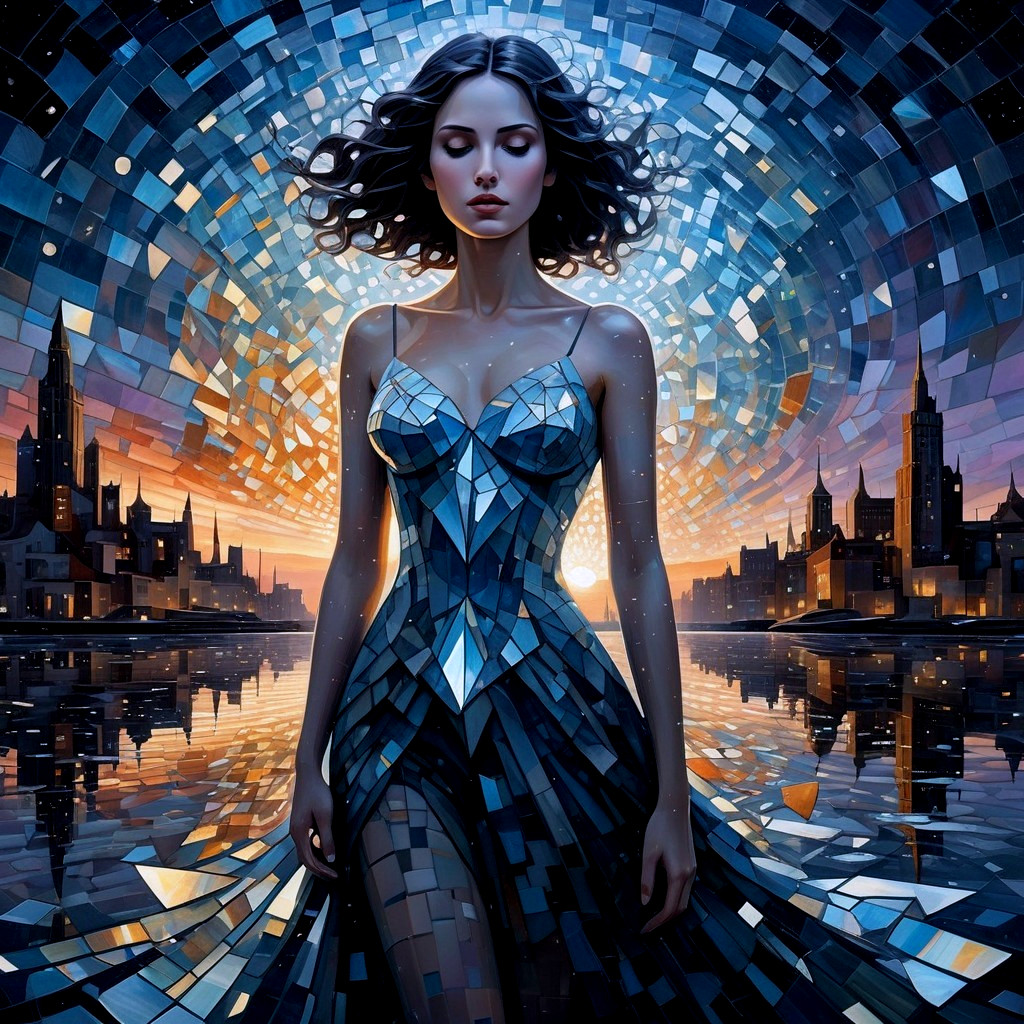 Woman in Mosaic Dress by Shimmering Water at Sunset