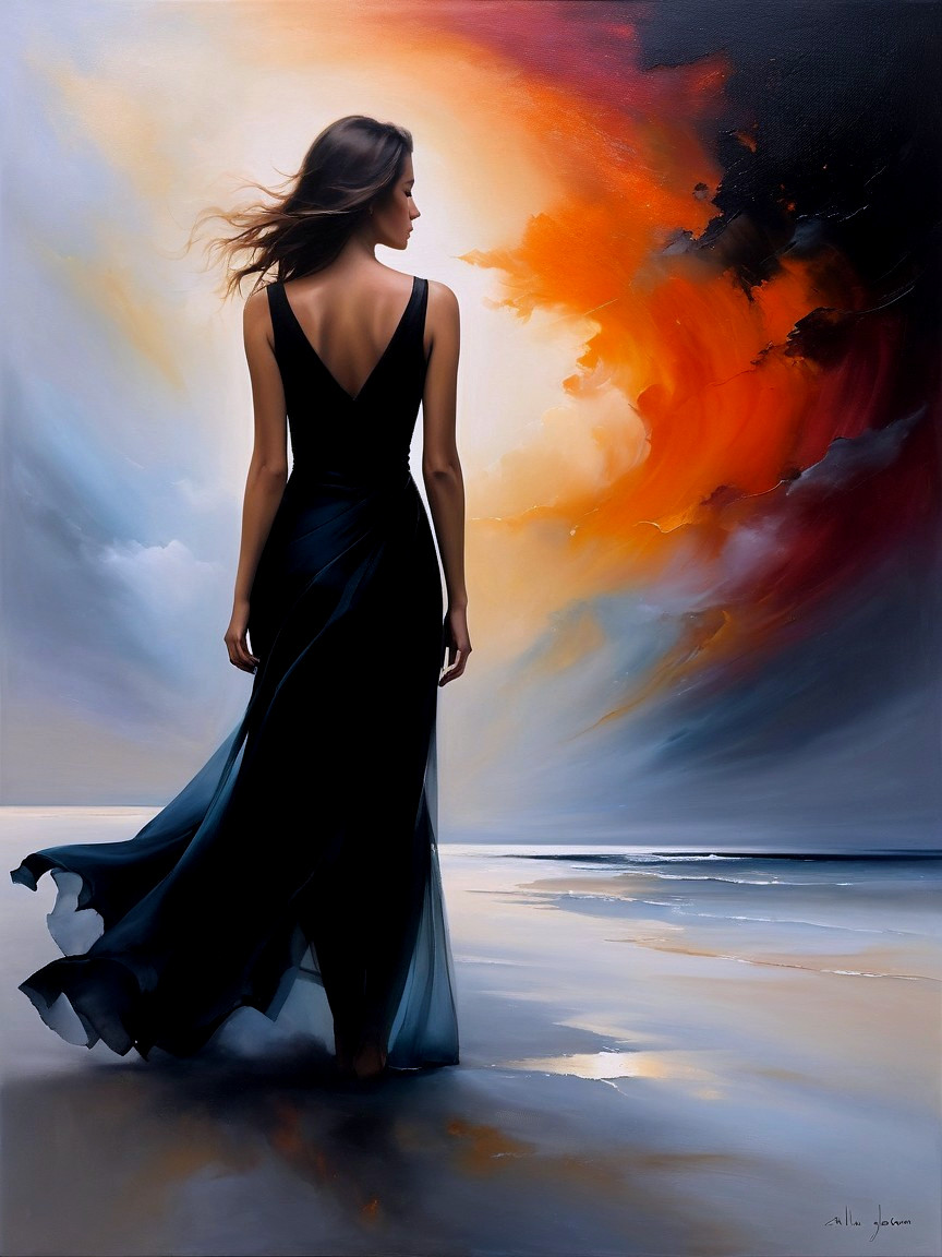 Solitary Figure in Black Dress at Sunset Shoreline