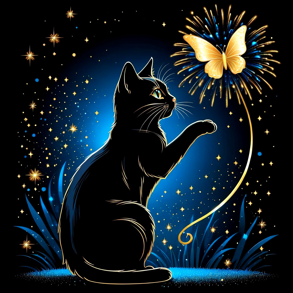 Black Cat with Butterfly in Starry Night Scene