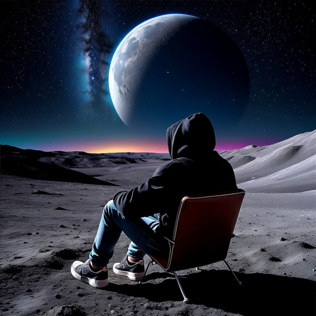 Lone Figure in Hoodie on Lunar Landscape with Planet