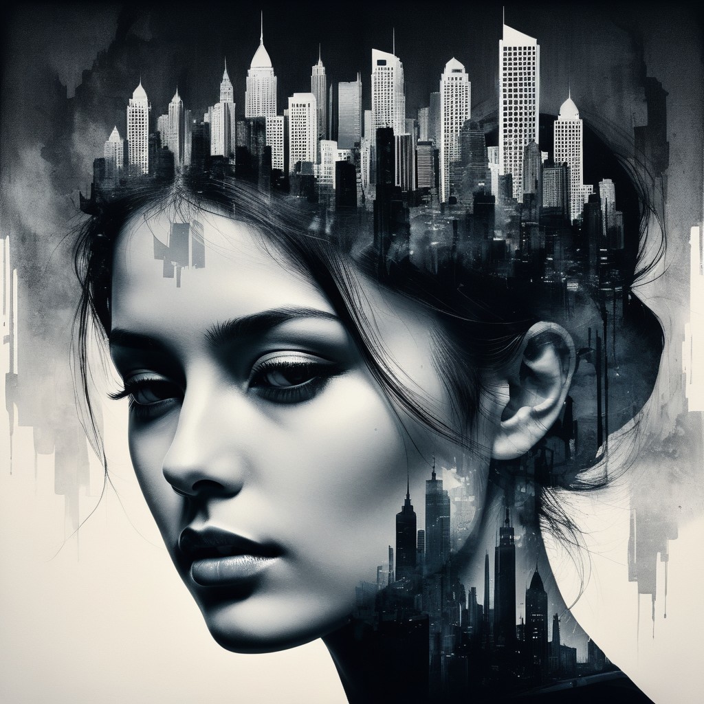 Photorealistic portrait of a woman with city silhouette hair