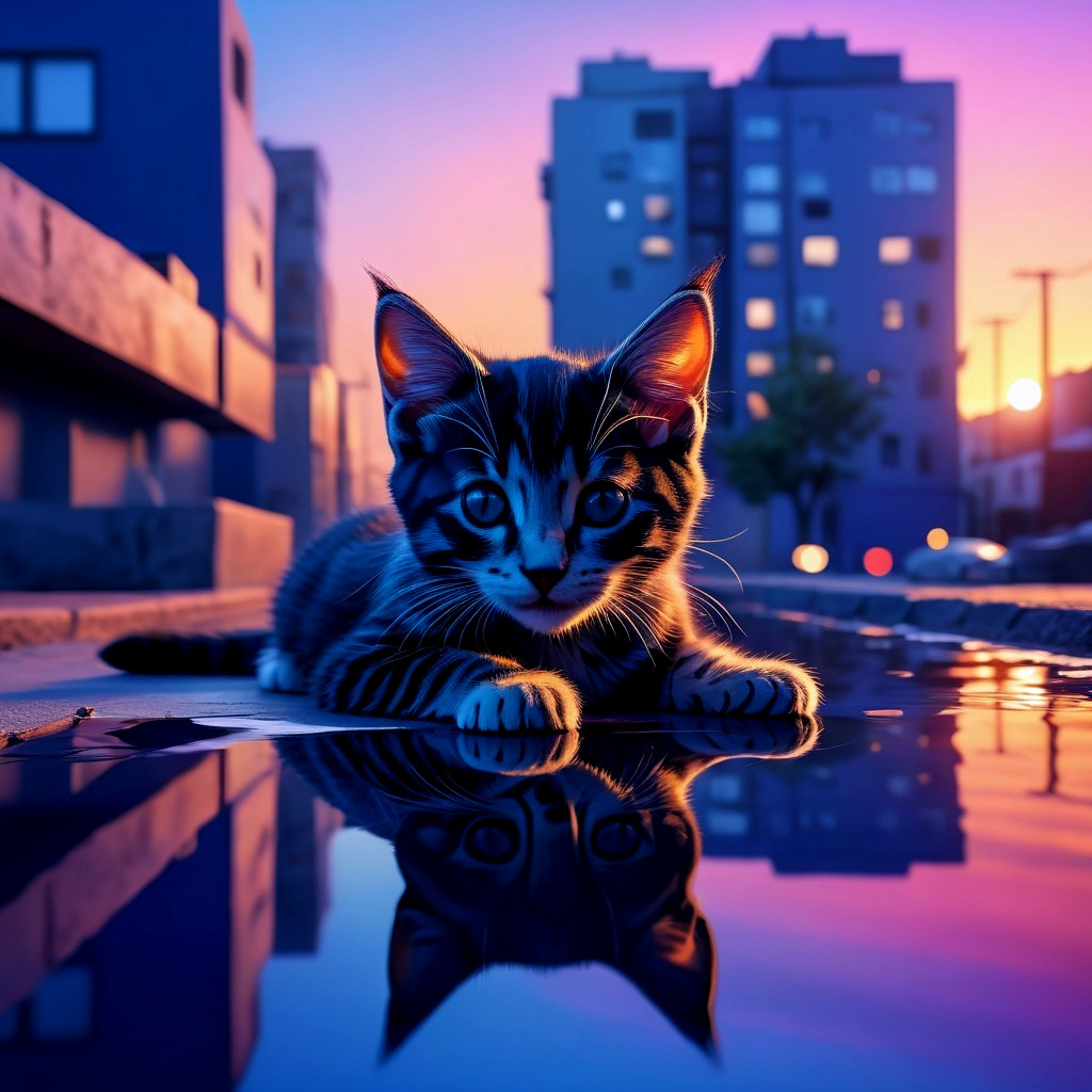 Tabby Kitten on Wet Street with Sunset Reflection