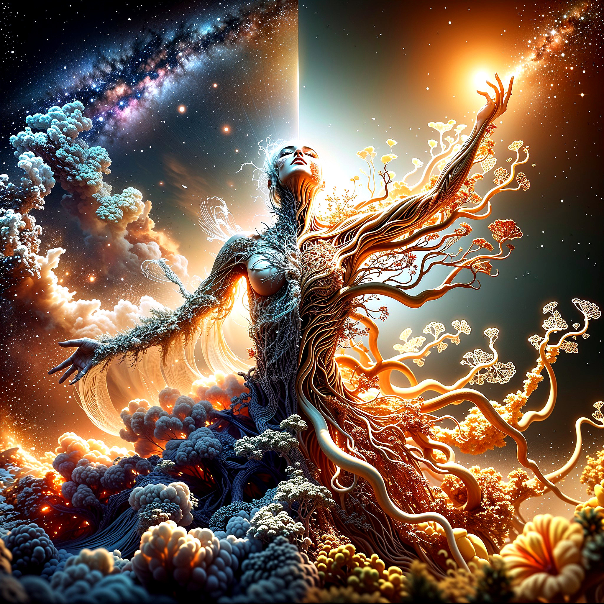 Fantastical Figure Merging with Nature and Cosmos