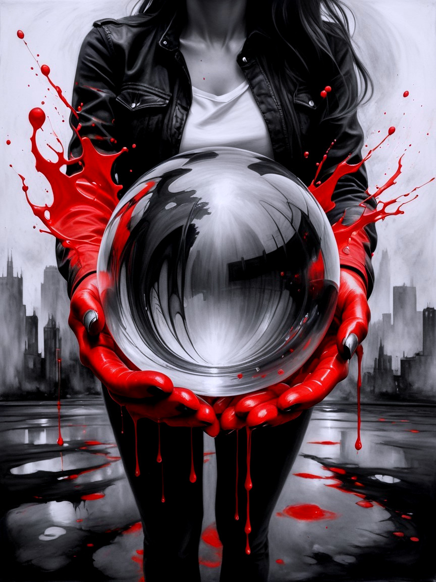 Mysterious Figure with Crystal Ball Against Grayscale Skyline