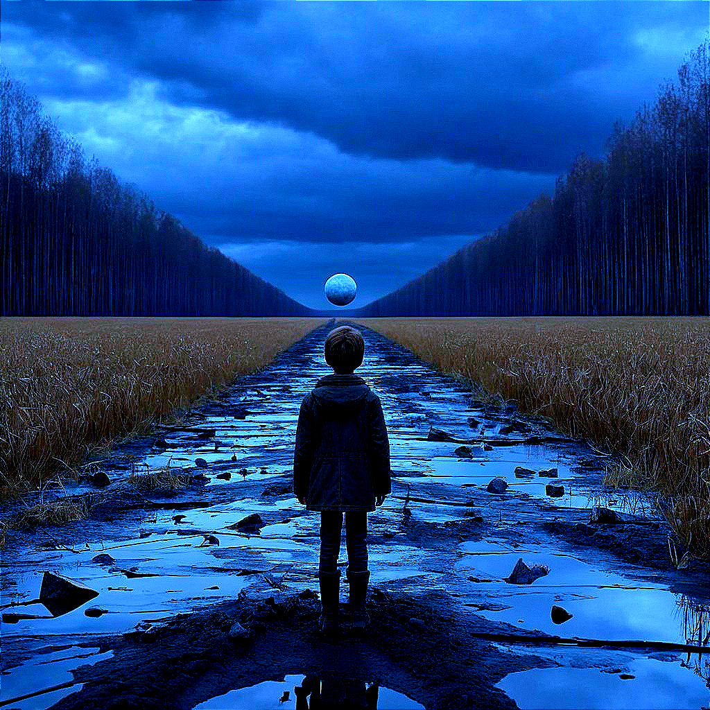 Child at Edge of Reflective Pathway in Golden Field
