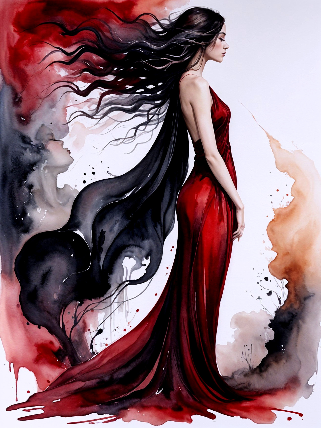 Profile of a Woman in an Elegant Red Gown