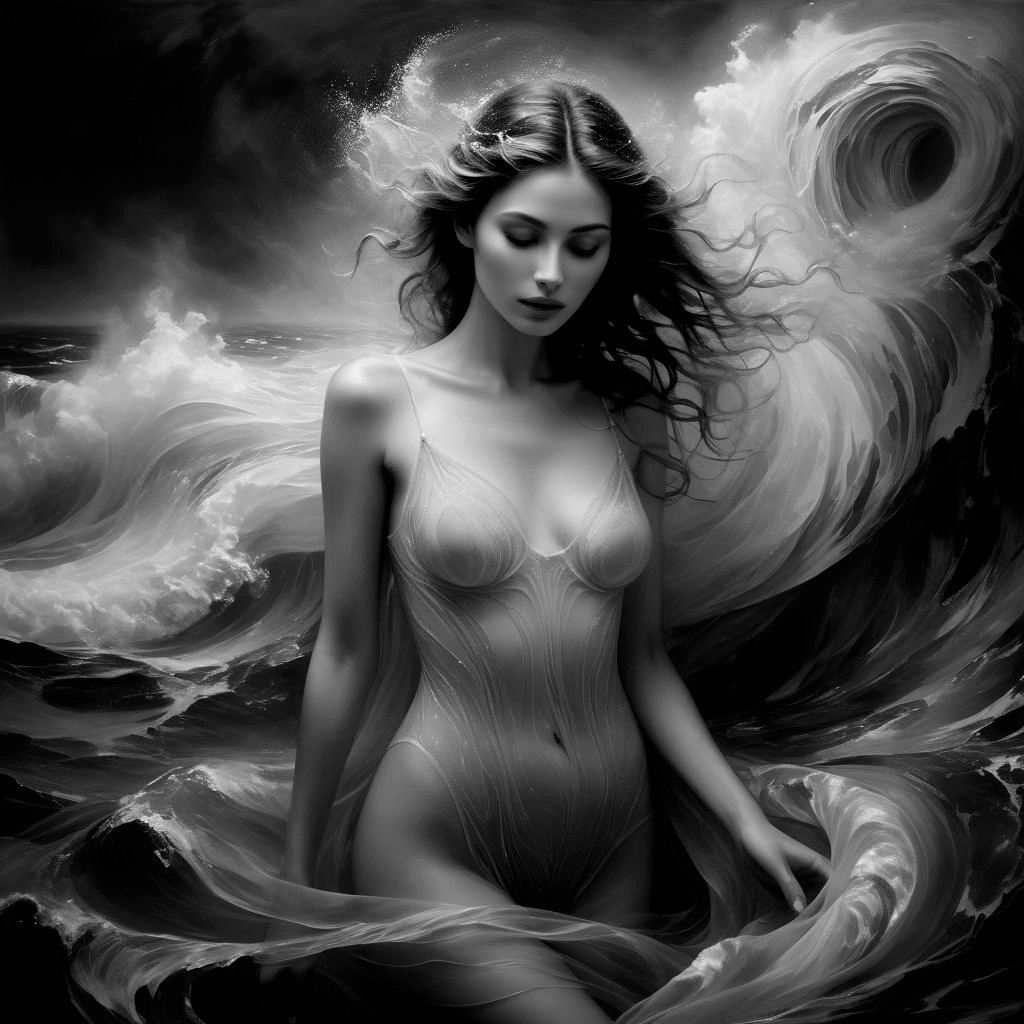 Graceful figure in waves with serene expression and light