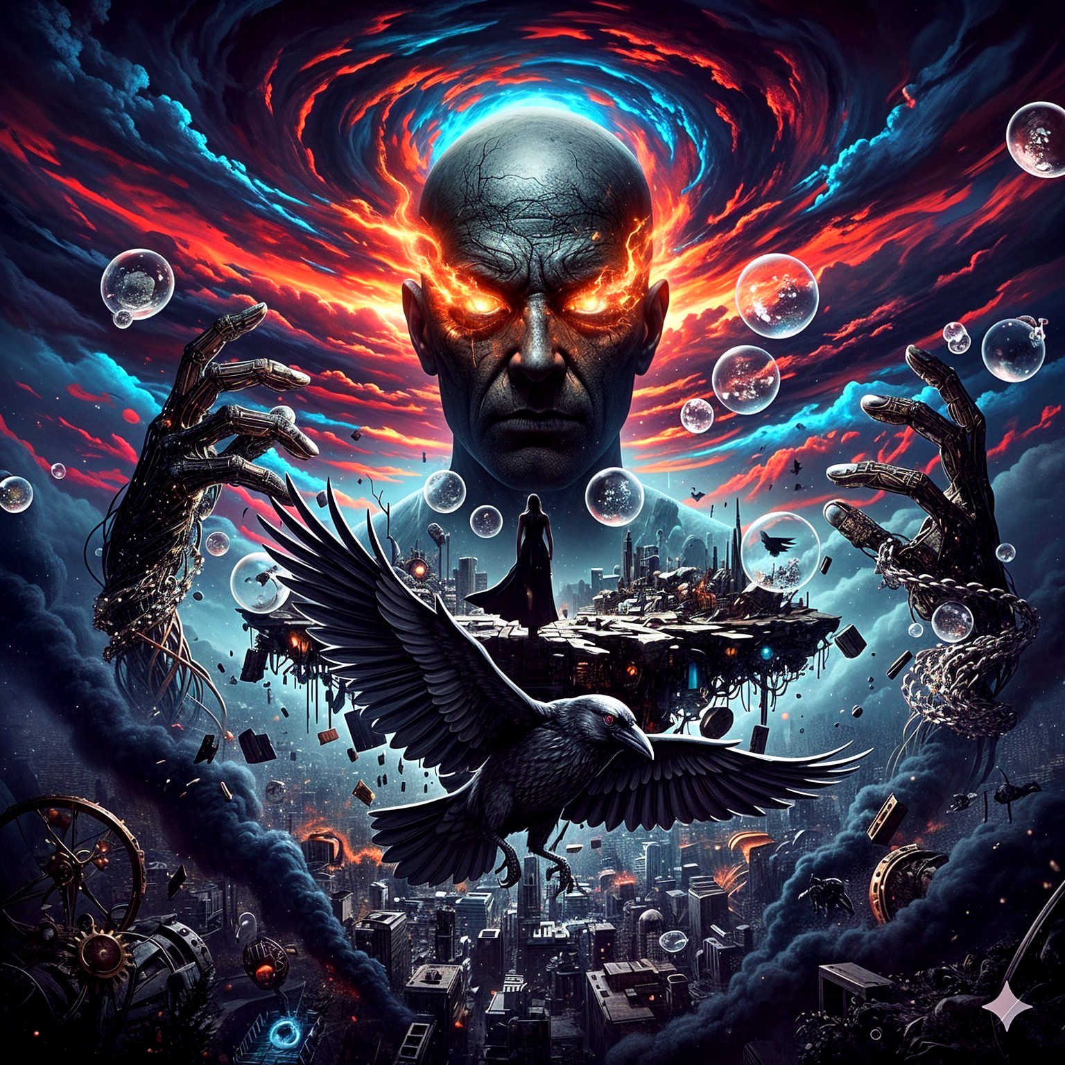 Surreal Scene with Humanoid Figure and Cosmic Elements