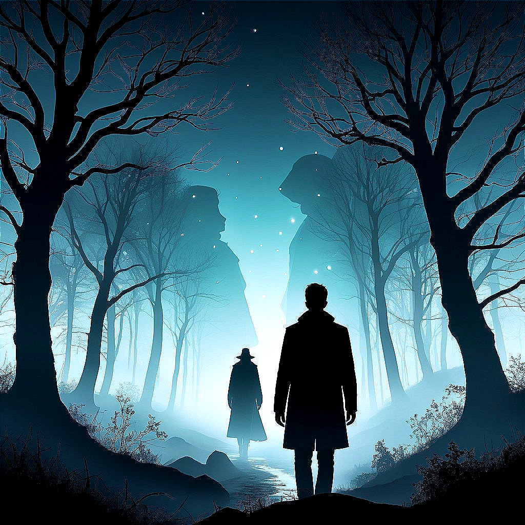 Mystical forest scene with shadowy figures and light