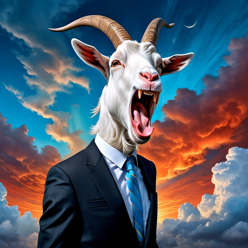 Surreal Goat Head in Suit Against Dramatic Sunset