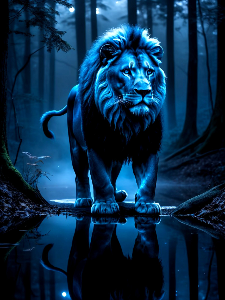 Majestic lion in a mystical forest with glowing fur