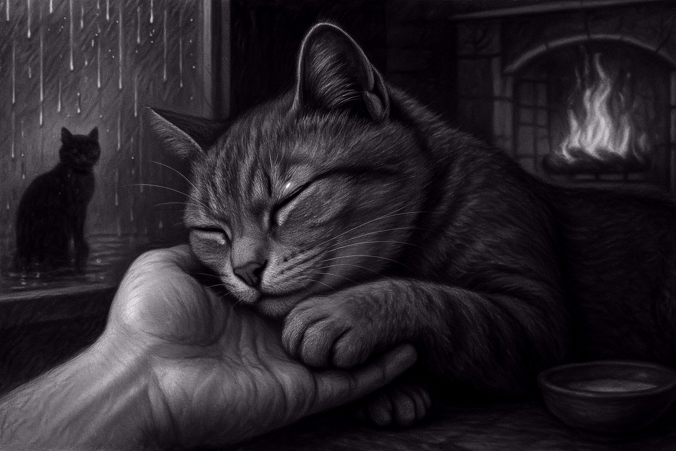 Cozy Black-and-White Scene of Cats and Rain
