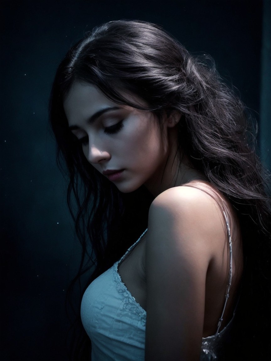 Young woman in white garment against blue background