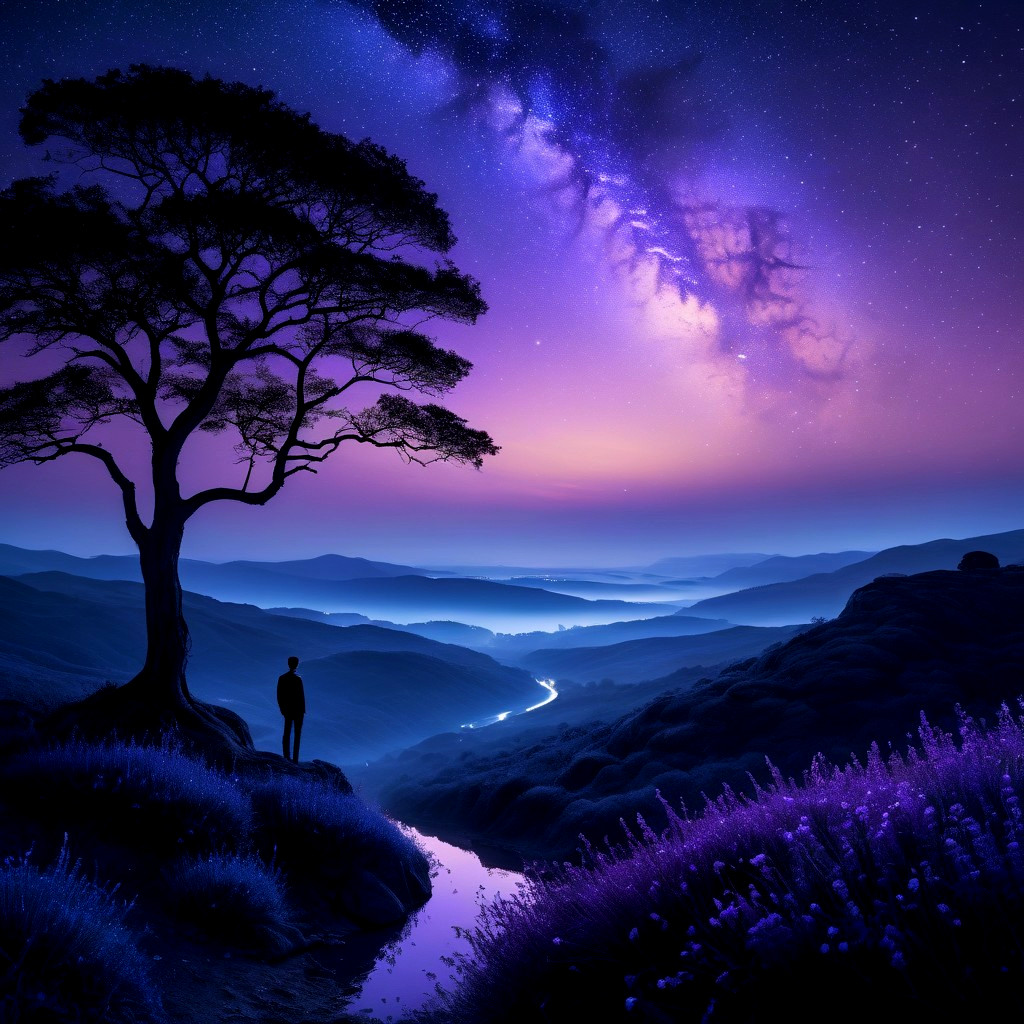 Serene landscape with a silhouette by a tree and stars