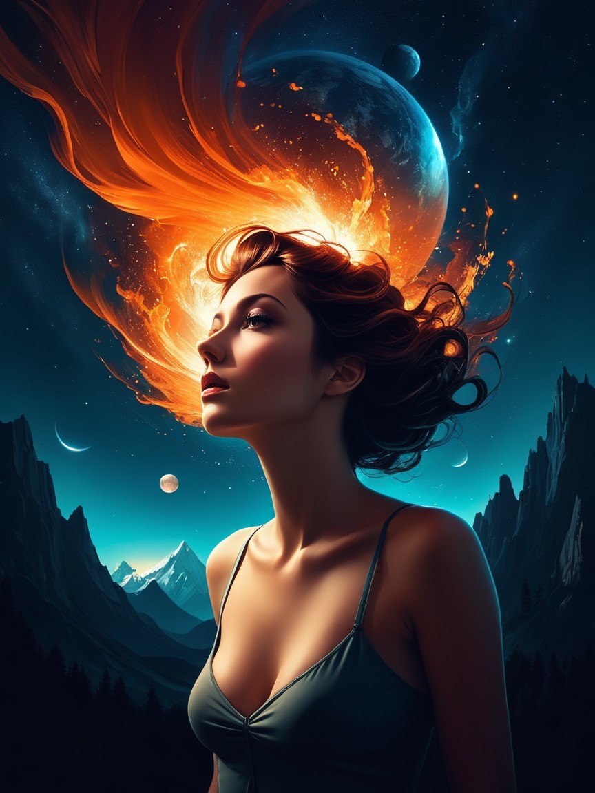 Woman with Fiery Hair Against Starry Sky and Mountains