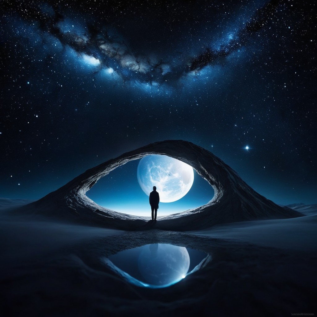 Solitary Figure in Surreal Moonlit Landscape