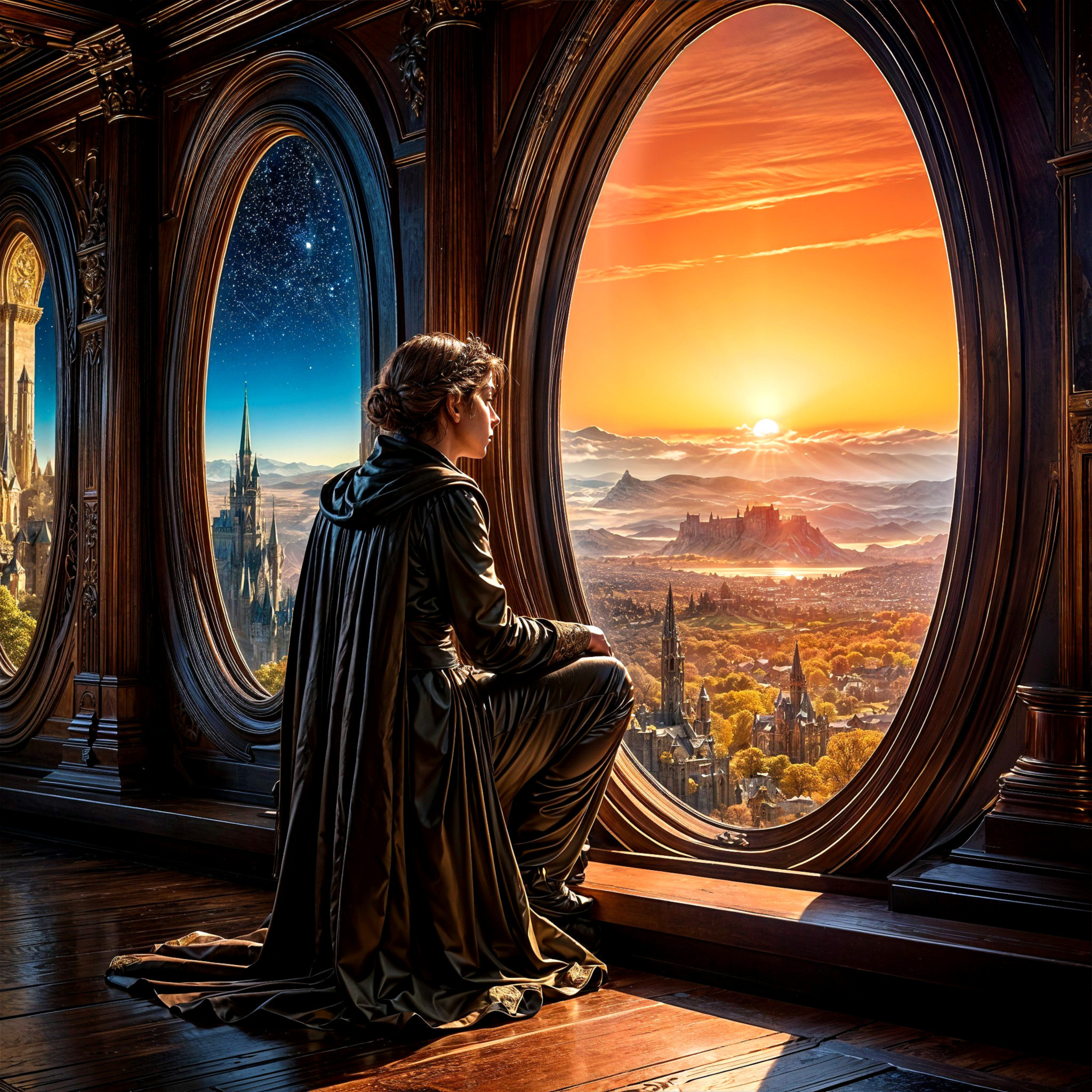 Cloaked Figure by Ornate Window Overlooking Sunset景