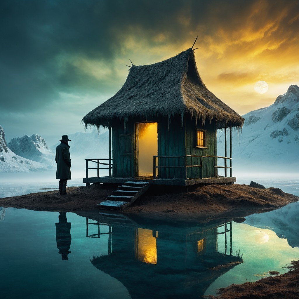 Man in Trench Coat by Rustic Hut on Island Landscape