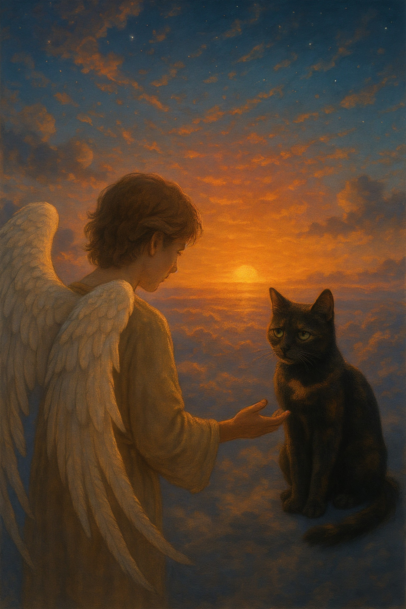 Ethereal Scene of Angel and Contemplative Black Cat