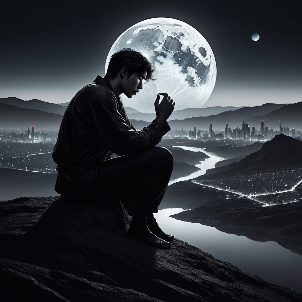 Monochrome Digital Painting of a Young East Asian Man