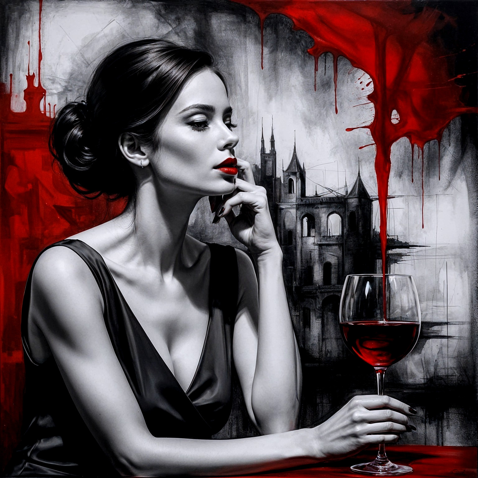 Monochromatic Painting of Woman in Black Dress