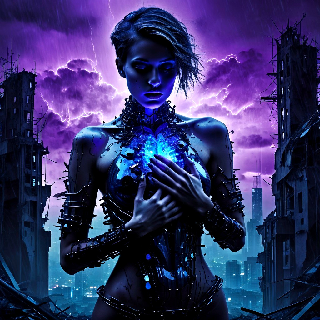 Futuristic Female Figure in Post-Apocalyptic Landscape
