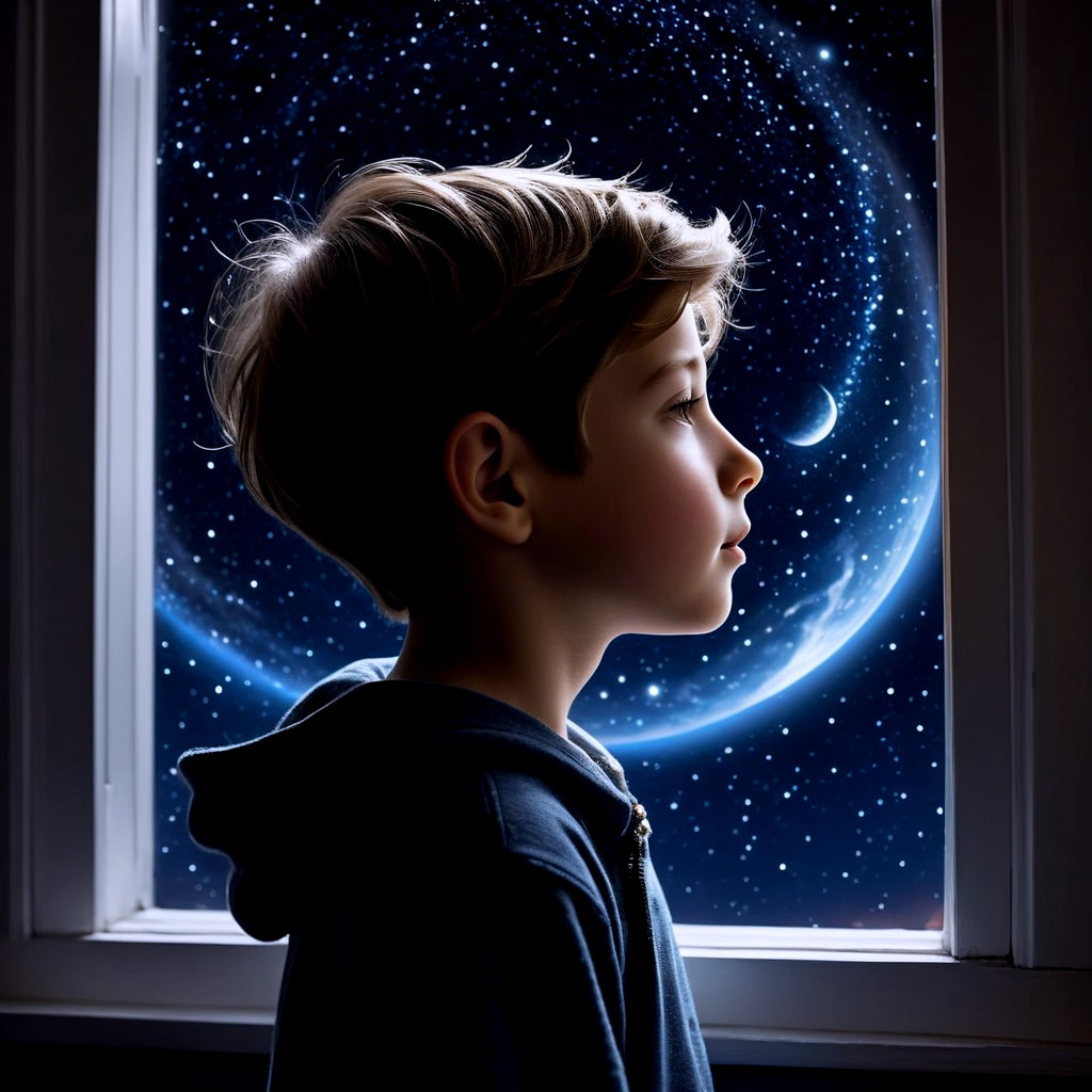 Young boy gazing at stars by a window at night