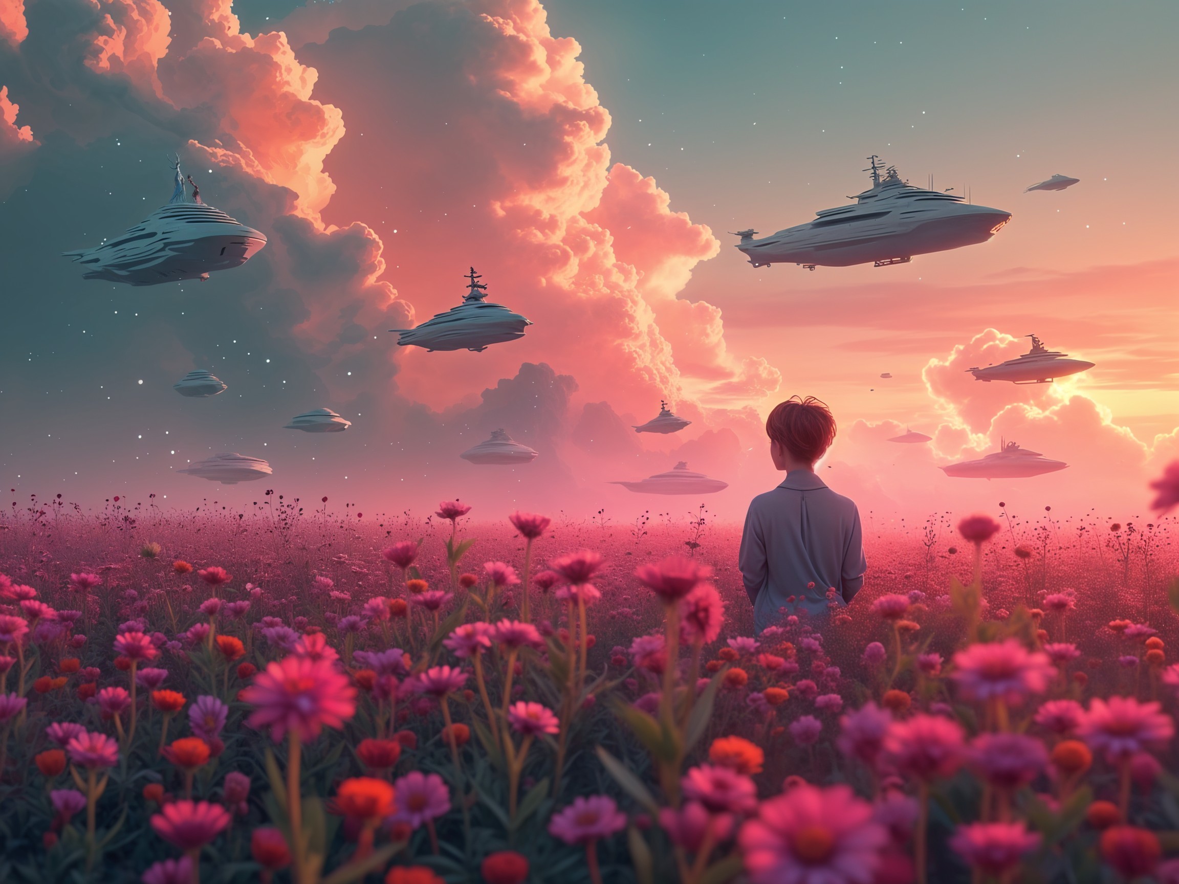 Young person in flower field under futuristic sunset