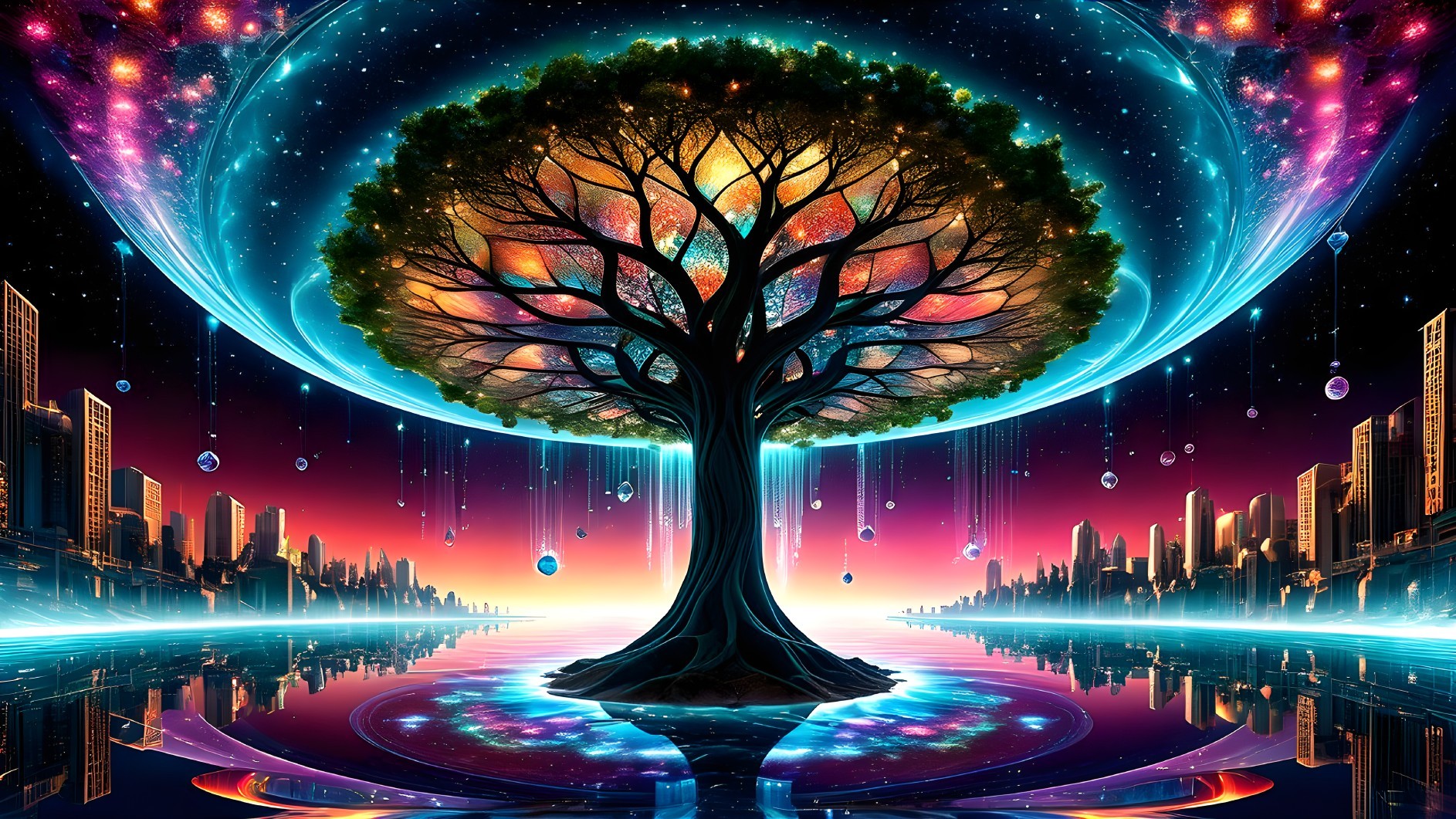 Cosmic Tree in Futuristic City with Reflective Pool